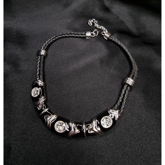 Vintage Nolan Miller Black Braided Double Strand Necklace With Rhinestone Accent - Picture 2 of 6